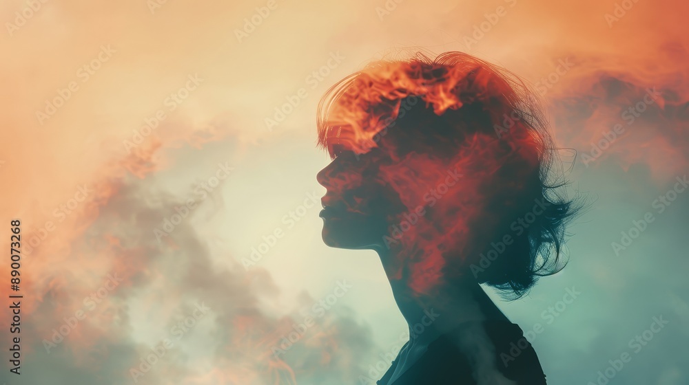 Woman Silhouetted by Smoke and Clouds - A woman's silhouette is partially obscured by smoke and clouds, symbolizing mystery, transformation, inner strength, hope, and a sense of peace. Woman Silhouetted by Smoke and Clouds - A woman's silhouette is partially obscured by smoke and clouds, symbolizing mystery, transformation, inner strength, hope, and a sense of peace.