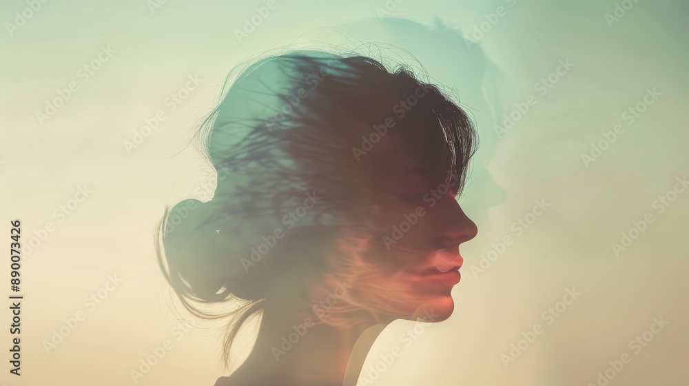 Woman with Nature Overlay: A Surreal Portrait of Inner Peace - A woman's face is partly obscured by a ghostly overlay of foliage, symbolizing connection to nature, mindfulness, tranquility, inner stre Woman with Nature Overlay: A Surreal Portrait of Inner Peace - A woman's face is partly obscured by a ghostly overlay of foliage, symbolizing connection to nature, mindfulness, tranquility, inner stre
