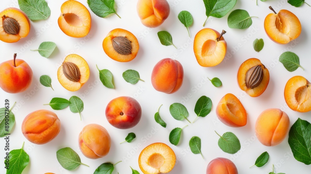 Apricots in various forms, including whole, halved, and sliced, are arranged on a white background with leafy greens for decoration. Apricots in various forms, including whole, halved, and sliced, are arranged on a white background with leafy greens for decoration.