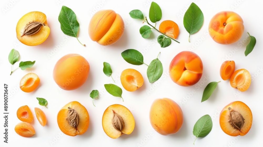 Apricots in various forms, including whole, halved, and sliced, are arranged on a white background with leafy greens for decoration. Apricots in various forms, including whole, halved, and sliced, are arranged on a white background with leafy greens for decoration.