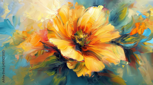 Abstract oil painting, luminous golden flowers 