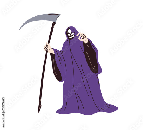 Death with scythe. Halloween dead character costume. Person disguised in scar...