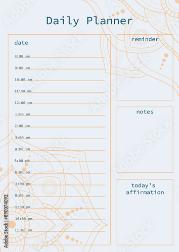 Day planner on a white background with a mandala design in bright colors. Includes sections for date, hourly schedule, reminders, notes and daily confirmations.