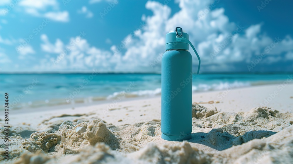 A compact flip-top water bottle with a silicone grip, against a backdrop of vibrant ocean blue, perfect for hydration during seaside adventures.