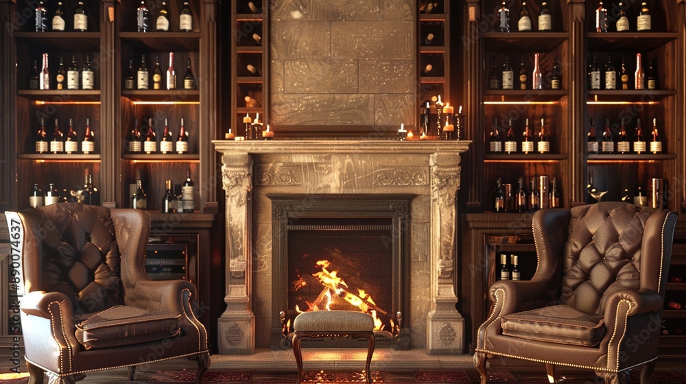 A cozy fireplace corner in a wine bar, with plush armchairs and shelves lined with bottles, creating a warm and inviting ambiance. A cozy fireplace corner in a wine bar, with plush armchairs and shelves lined with bottles, creating a warm and inviting ambiance.