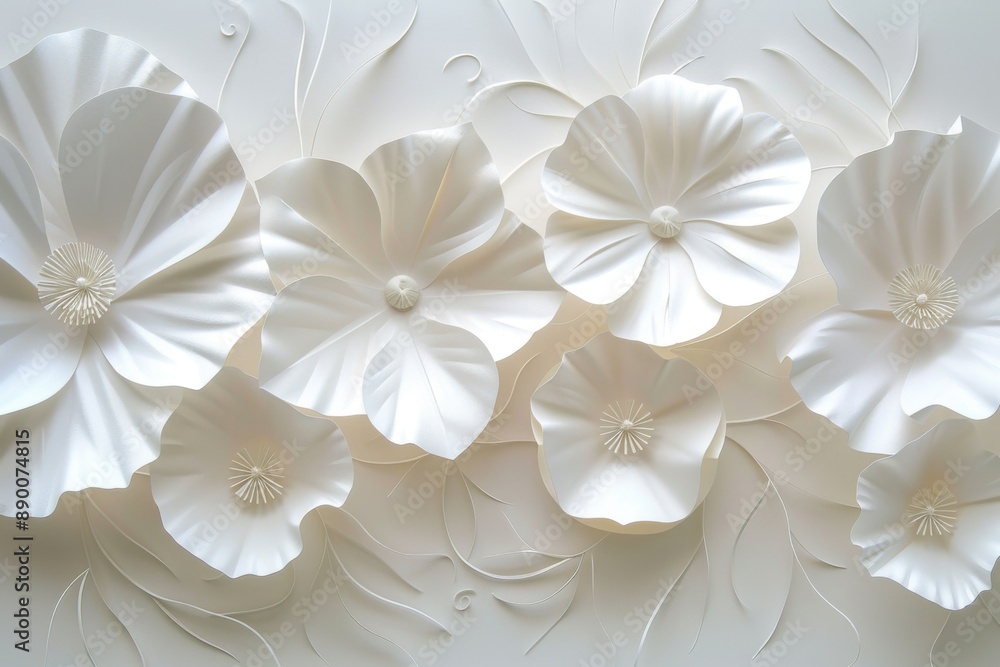 Lush white flowers with intricate petal design on soft backdrop Lush white flowers with intricate petal design on soft backdrop