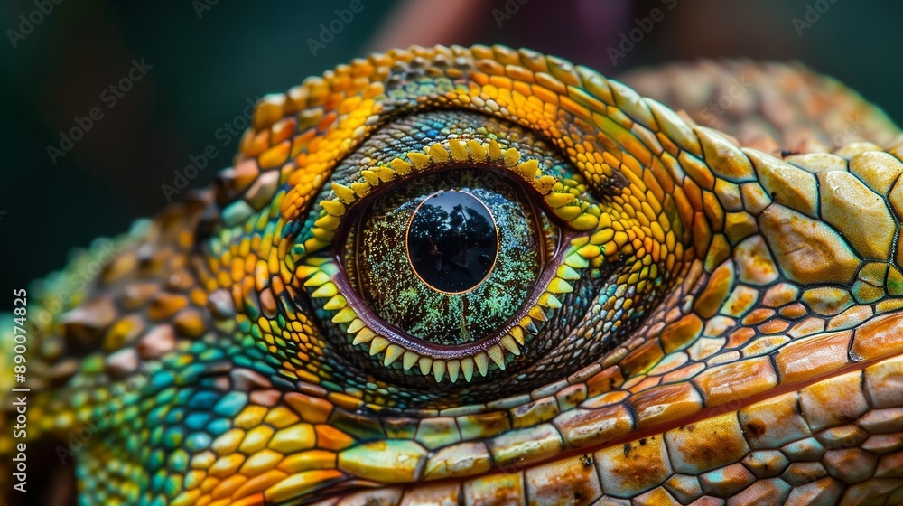 Obraz premium A close-up of a water dragon lizard's eye reveals its intricate patterns and vibrant colors.