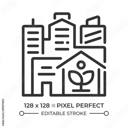 Urban farming pixel perfect linear icon. Indoor growing, rooftop. Modern city. Greenhouse gardening, hydroponics. Thin line illustration. Contour symbol. Vector outline drawing. Editable stroke