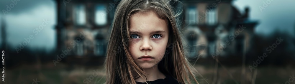 Mysterious Young Girl with Intense Gaze Standing in Front of an Abandoned House on a Cloudy Day Mysterious Young Girl with Intense Gaze Standing in Front of an Abandoned House on a Cloudy Day