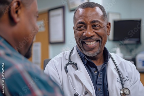 Doctor with stethoscope talking to patient wearing plaid shirt