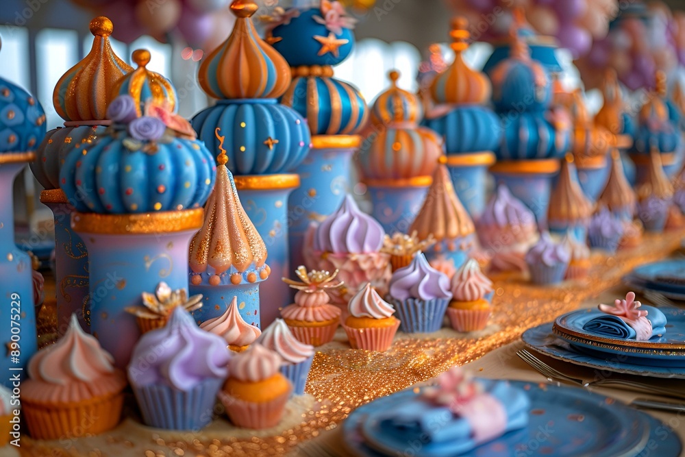Cupcakes and plates adorned in blue and gold colors on a table. Cupcakes and plates adorned in blue and gold colors on a table.