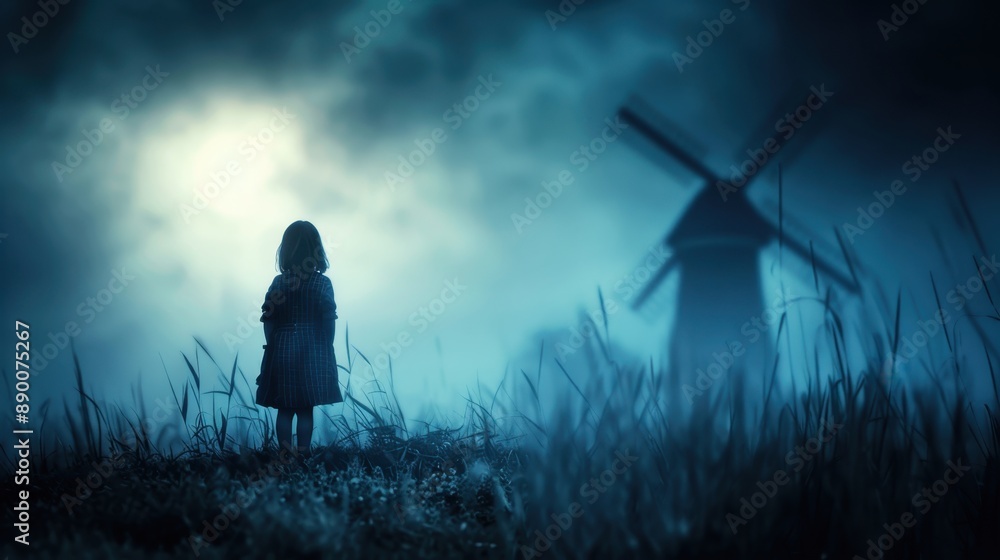 Mysterious Night Scene with Silhouette of Child and Windmill Under Moonlit Sky Mysterious Night Scene with Silhouette of Child and Windmill Under Moonlit Sky