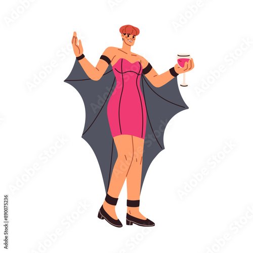 Woman vampire disguised in Helloween carnival costume with bat wings. Girl dressed in Halloween party outfit for spooky masquerade, October night. Flat vector illustration isolated on white background