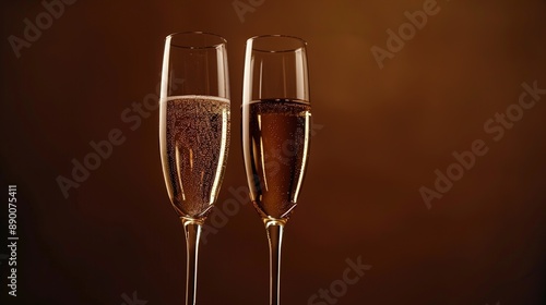 A pair of elegant champagne flutes standing tall against a backdrop of rich chocolate brown, their contents aglow with the soft warmth of celebration.