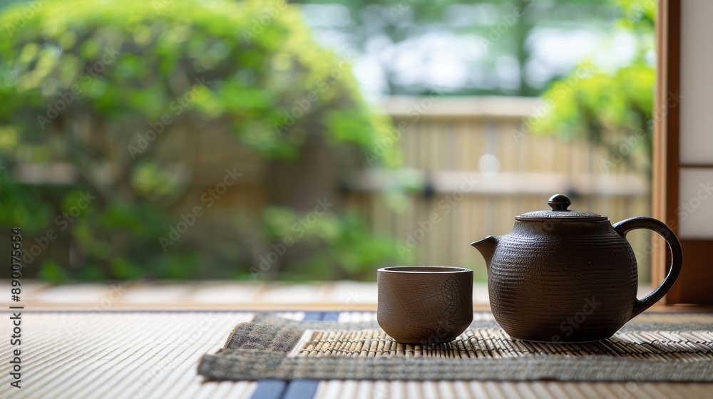 A traditional Japanese tea ceremony with richly textured pottery and fabrics A traditional Japanese tea ceremony with richly textured pottery and fabrics