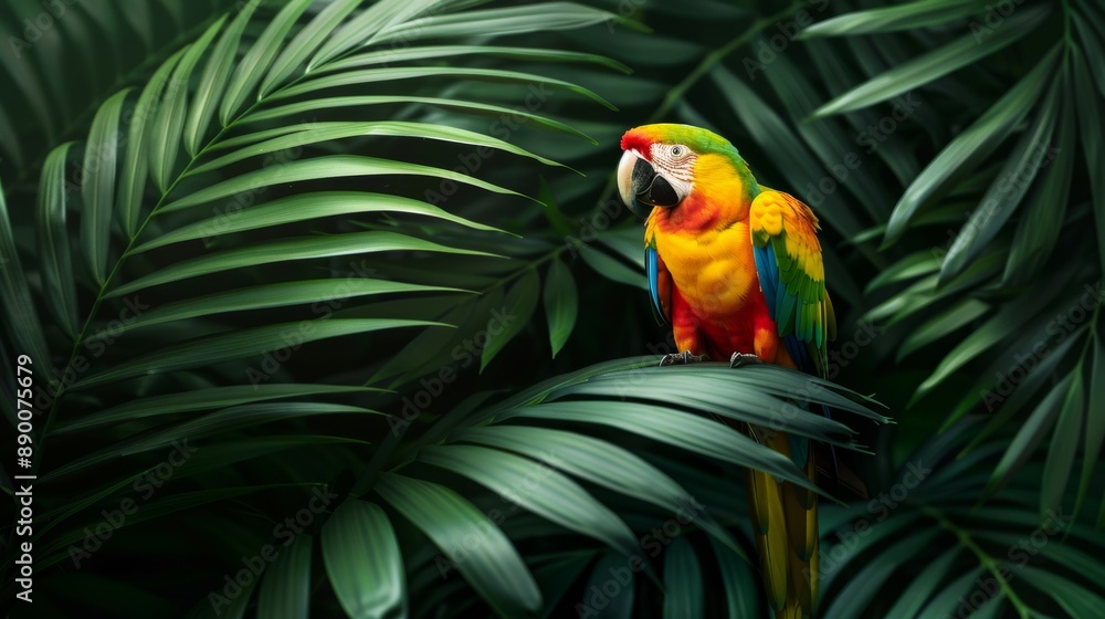 Fototapeta premium A tropical rainforest with dense foliage and a rainbow of exotic birds