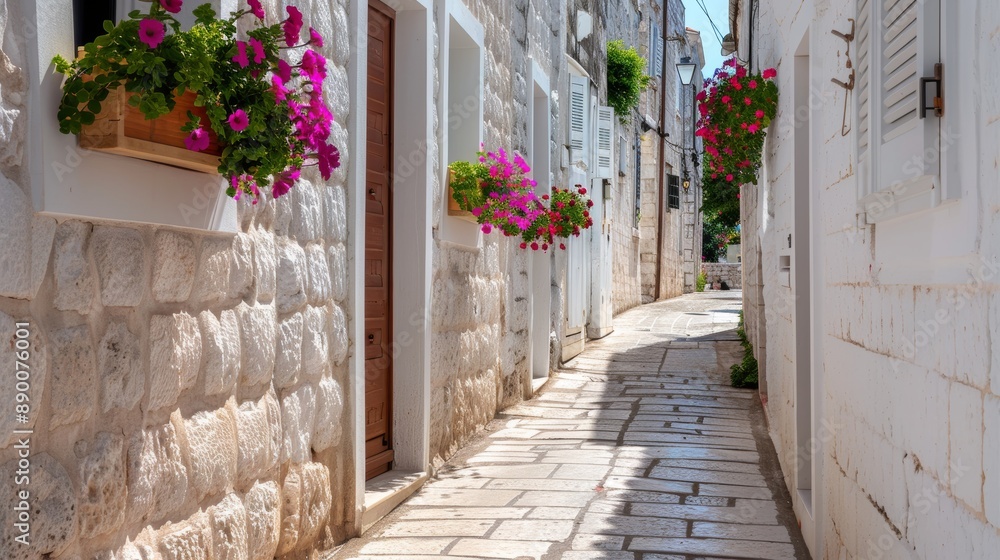 Ancient city street with textured stone buildings, brightly colored doors, and flower boxes Ancient city street with textured stone buildings, brightly colored doors, and flower boxes