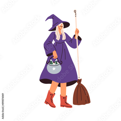 Happy witch dressed in pointed hat, holding broom and candies in cauldron for Trick and Treat, October night. Woman in Halloween carnival costume. Flat vector illustration isolated on white background