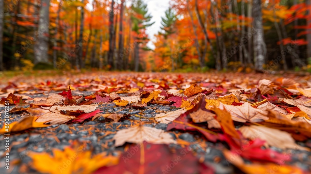 Autumn forest path covered in a blanket of multicolored leaves, the trees displaying various shades of red, orange, and yellow Autumn forest path covered in a blanket of multicolored leaves, the trees displaying various shades of red, orange, and yellow