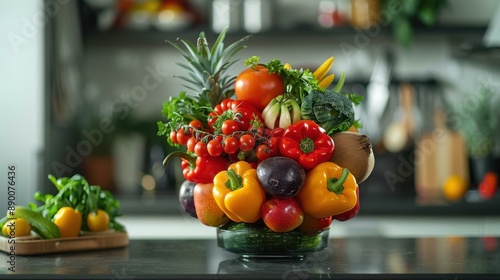 A vase of a bunch of different fruits and vegetables on top of the counter. AI.