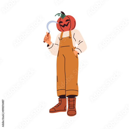 Halloween character in pumpkin head costume, mask. Person disguised in Octobe...