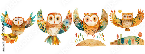 watercolor illustration of five adorable owls with spread wings and vibrant colors in a forest setting.