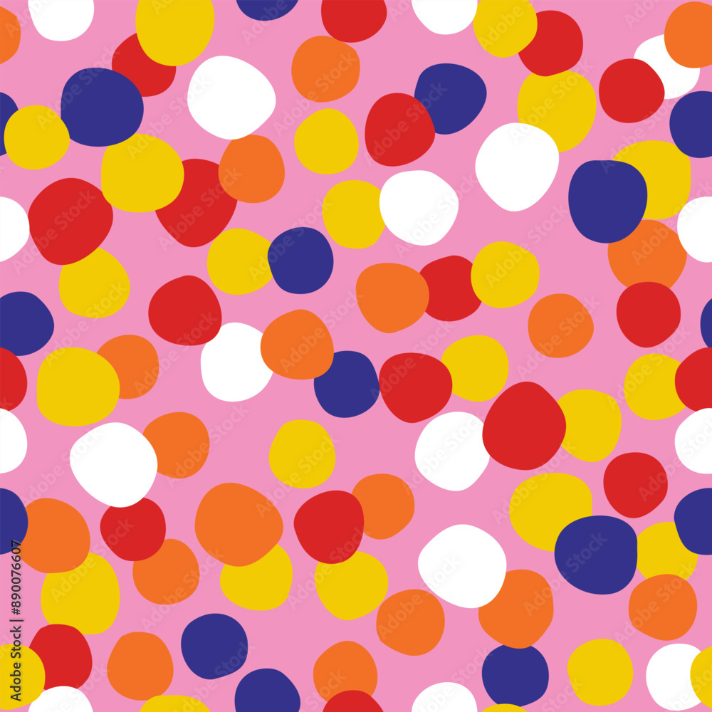 © Мария Кривецкая - Seamless colorful pattern with multi-colored polka dots, confetti on a pink background, hand drawn illustration