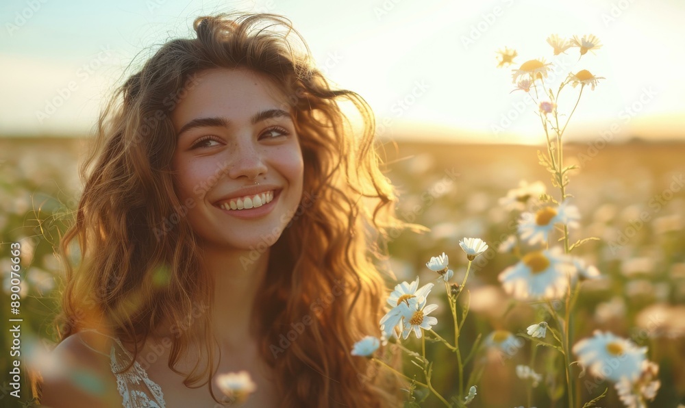 A woman smiling in a field of flowers with white daisies. AI. A woman smiling in a field of flowers with white daisies. AI.
