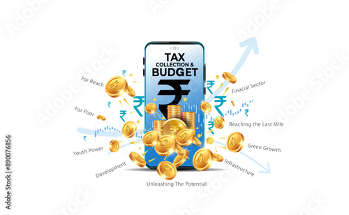 Indian budget, rupee, money and financial growth business background.