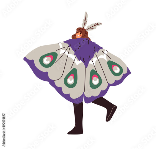 Halloween moth, masquerade costume. Happy woman disguised in creepy winged ou...