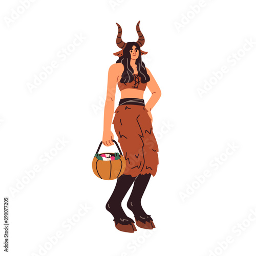 Horned goat character, Halloween costume. Creepy creature with hooves, cauldron and candies for Trick or Treat. Female faun dressed for Helloween. Flat vector illustration isolated on white background