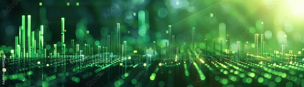 Futuristic Digital Data Visualization with Green and Yellow Light Effects in a Virtual Landscape Futuristic Digital Data Visualization with Green and Yellow Light Effects in a Virtual Landscape