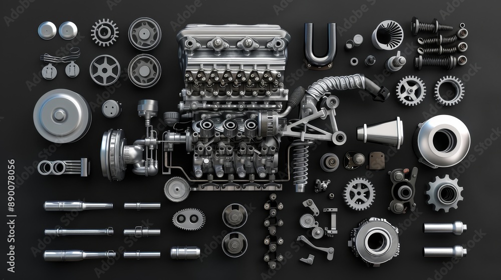 3D car engine vector drawing for technical purposes. Isolated car parts on black and white background for automobile service. 3D car engine vector drawing for technical purposes. Isolated car parts on black and white background for automobile service.