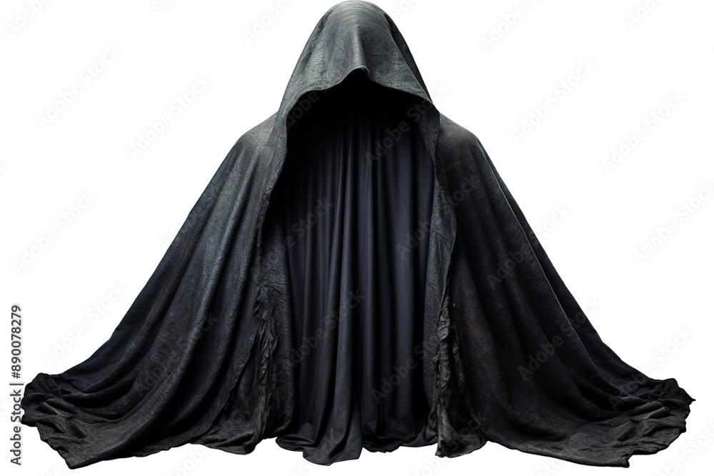 A Shadowy Figure in a Deep, Black Hood on a Clear PNG or White Background. A Shadowy Figure in a Deep, Black Hood on a Clear PNG or White Background.