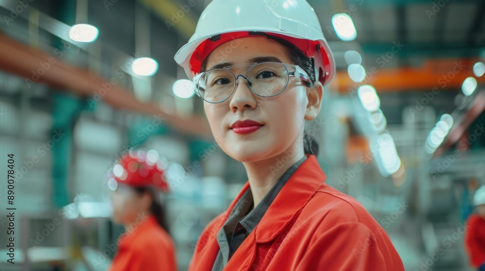 Woman factory production manager wearing a white and red safety helmet and a blazer with her team in workshop floor , female working in industry concept. Woman factory production manager wearing a white and red safety helmet and a blazer with her team in workshop floor , female working in industry concept.