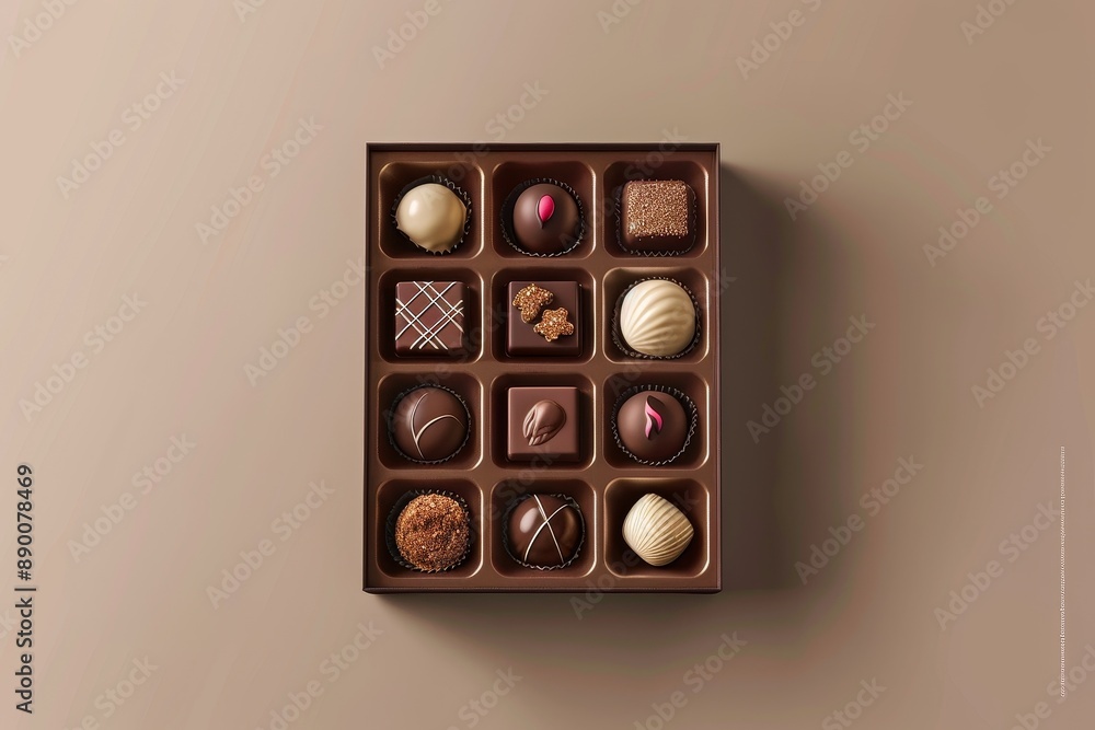 Assortment of Chocolate Truffles in a Brown Box on a Tan Background Assortment of Chocolate Truffles in a Brown Box on a Tan Background