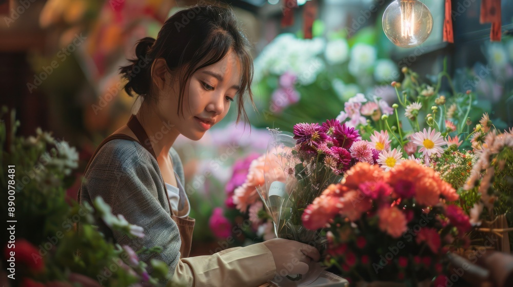 Female florist in her store picking flowers, asian woman working in a romantic soft focus and ethereal light. Female florist in her store picking flowers, asian woman working in a romantic soft focus and ethereal light.
