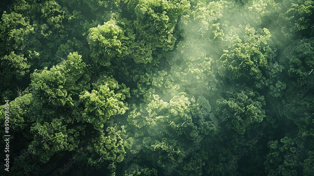 A aerial view of a forest canopy, with the interplay of light and shadow creating abstract patterns and shapes that resemble a lush green tapestry spread out beneath the sky, capturing the beauty