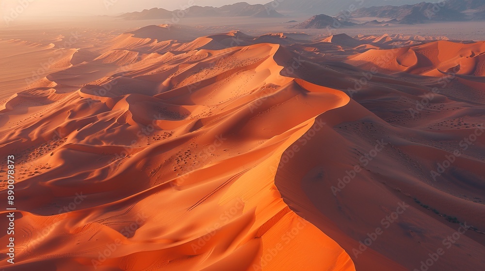 A aerial view of sand dunes at sunset, with the play of light and shadow creating abstract patterns and shapes that resemble waves frozen in time,