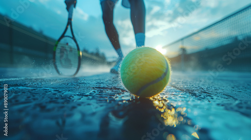 Tennis athlete which holding a tennis racket and plays the ball photo