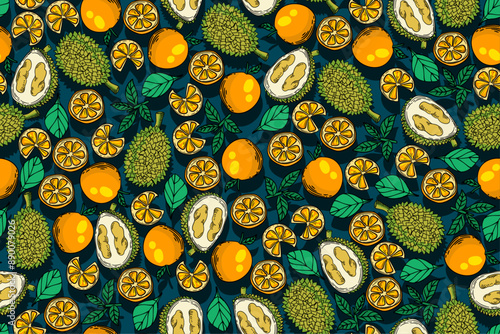 seamless pattern orange and durian vector drawing