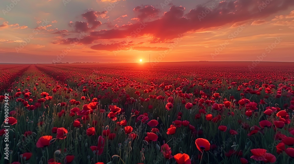 Obraz premium view of red flowers at sunset