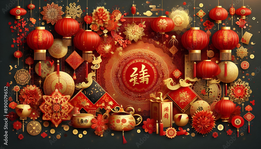 Fototapeta premium The Beauty of Chinese New Year Decorations with Traditional Red Lanterns