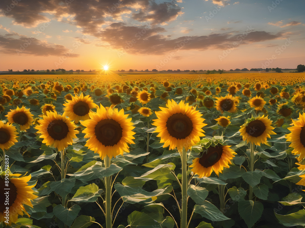 Obraz premium Sunflower field background with a sunny glow