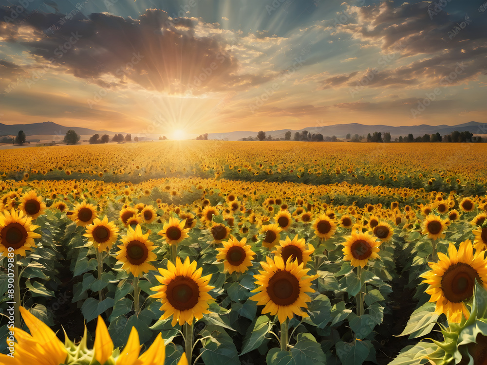Fototapeta premium Sunflower field background with a sunny glow