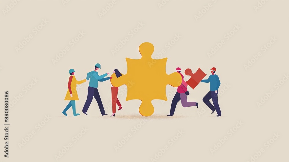 vector art of tiny construction people carrying a large puzzle piece vector art of tiny construction people carrying a large puzzle piece