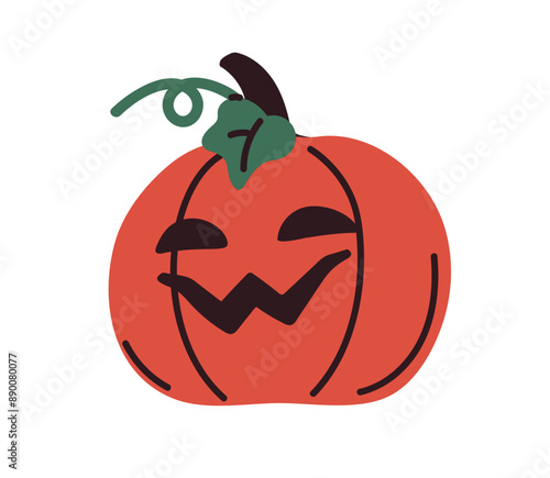 Helloween pumpkin head. Halloween character, carved face, evil smiling expression. October holiday Jack vegetable. Scary creepy decoration. Flat vector illustration isolated on white background
