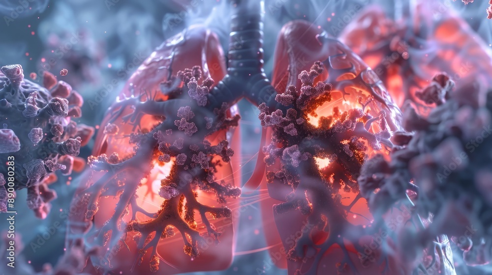 Infected lungs due to tuberculosis bacteria, causing lung disease and potentially lung cancer. Lab samples of tuberculosis bacteria. 3D rendering. Infected lungs due to tuberculosis bacteria, causing lung disease and potentially lung cancer. Lab samples of tuberculosis bacteria. 3D rendering.