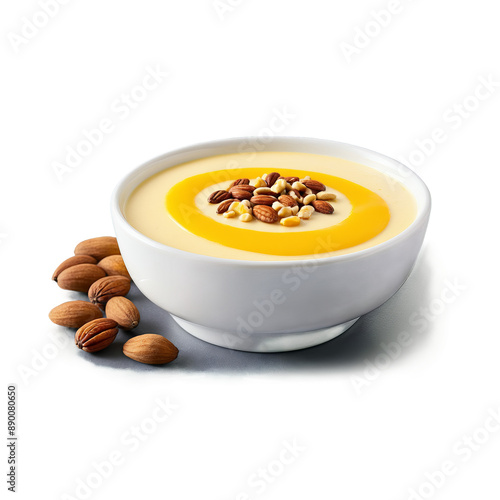 Soy milk pudding in a ceramic ramekin topped with a dollop of mango puree and