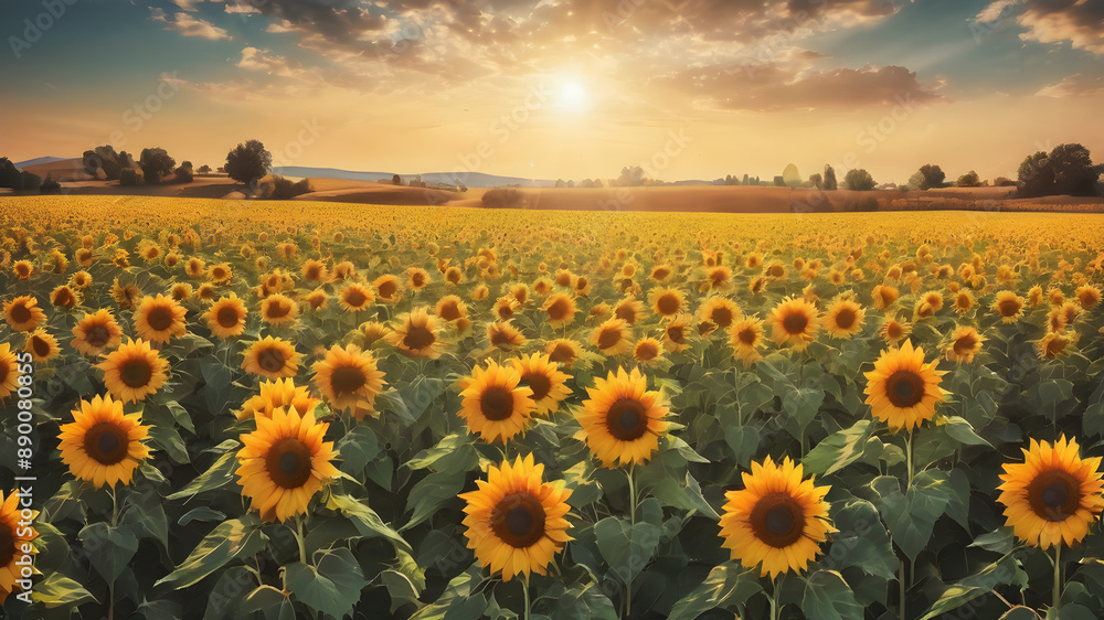 Fototapeta premium Sunflower field background with a sunny glow
